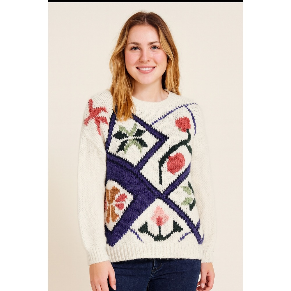 Jamie‎ Scott Vintage Knit Sweater Floral Pattern Cream Women's Medium